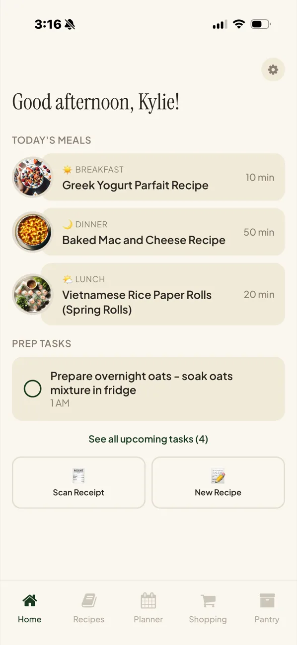 Kit's home screen showing today's three meals and one prep task