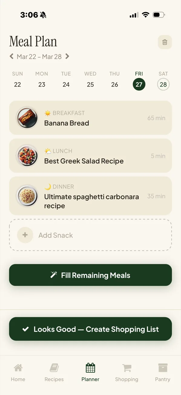 Kit's weekly meal plan with a button to create the shopping list